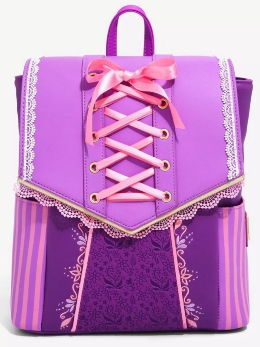 Rare Loungefly Rapunzel Cosplay Purple Backpack with Pink Lace-Up Bag